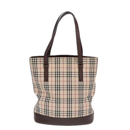 BURBERRY Nova Check Tote Bag Canvas Beige Brown Silver Auth 87632