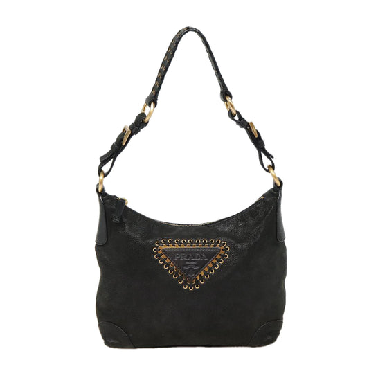 PRADA Shoulder Bag Leather Black Gold Auth 87759