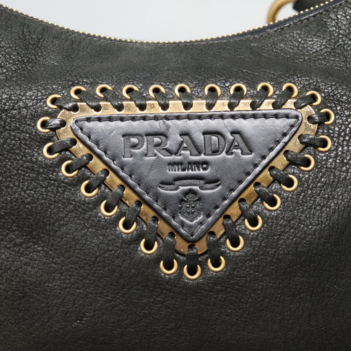 PRADA Shoulder Bag Leather Black Gold Auth 87759