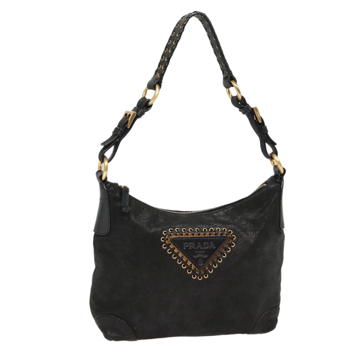 PRADA Shoulder Bag Leather Black Gold Auth 87759