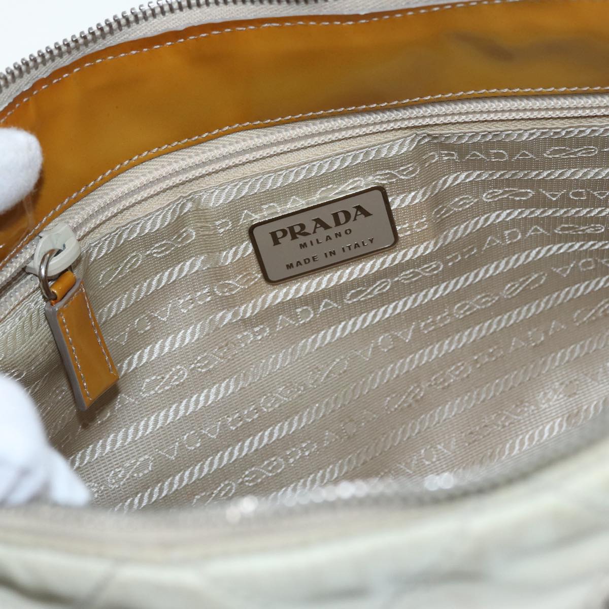 PRADA Shoulder Bag Nylon Beige Silver Auth 87764