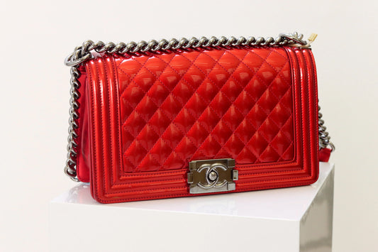 CHANEL Boy Flap Bag Quilted Patent New Medium Red B-