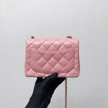 Vintage Mini Square Flap Bag in Pink Quilted Caviar Leather GHW