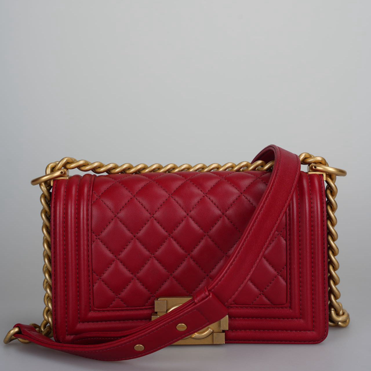 Chanel Quilted red Small Le Boy bag in Lambskin with Gold Hardware