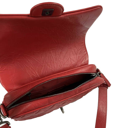 CHANEL Red Crinkled Leather Boy Chain Flap Bag / Silver-Aged - Shoulder Bag