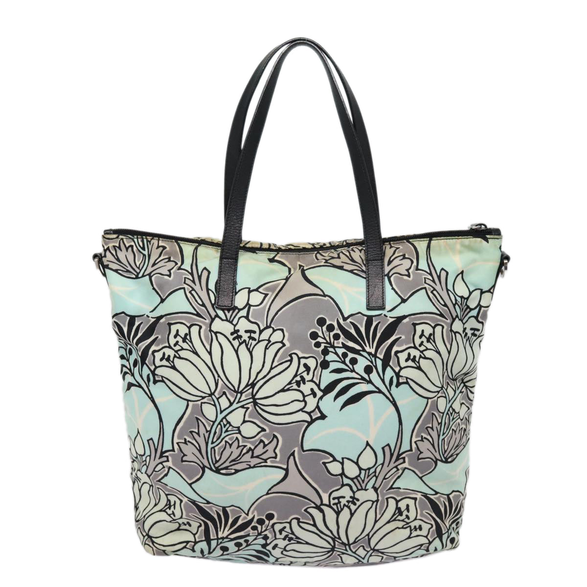 PRADA Flower Tote Bag Nylon 2way Light Blue Black Silver Auth 88092