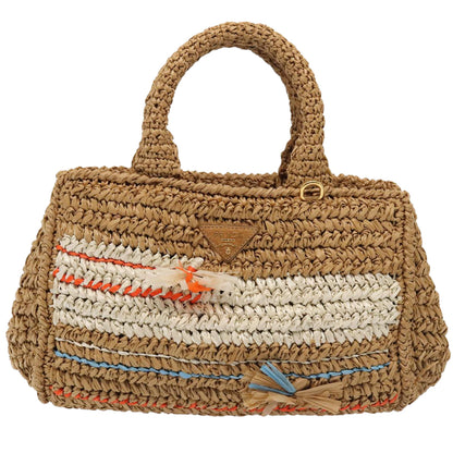 PRADA Canapa Hand Bag Raffia 2way Beige Gold Auth 88099