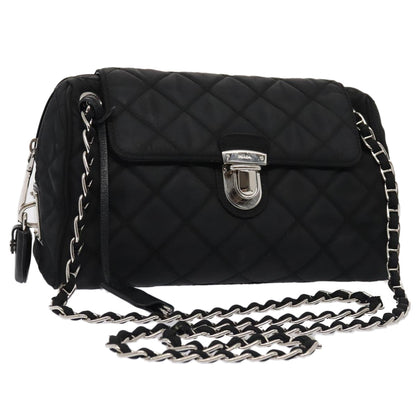 PRADA Quilted Chain Shoulder Bag Nylon Black Silver Auth 88100