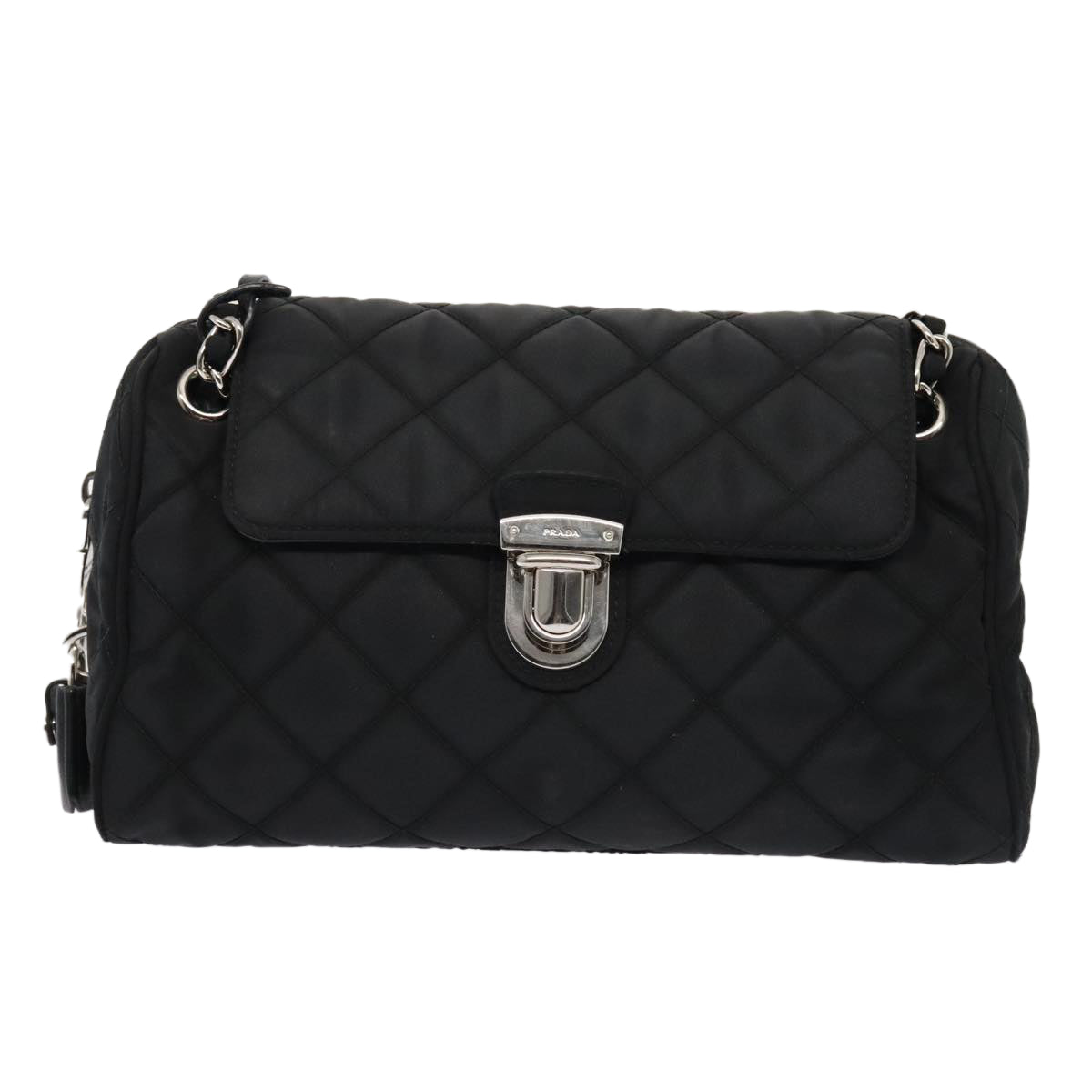 PRADA Quilted Chain Shoulder Bag Nylon Black Silver Auth 88100