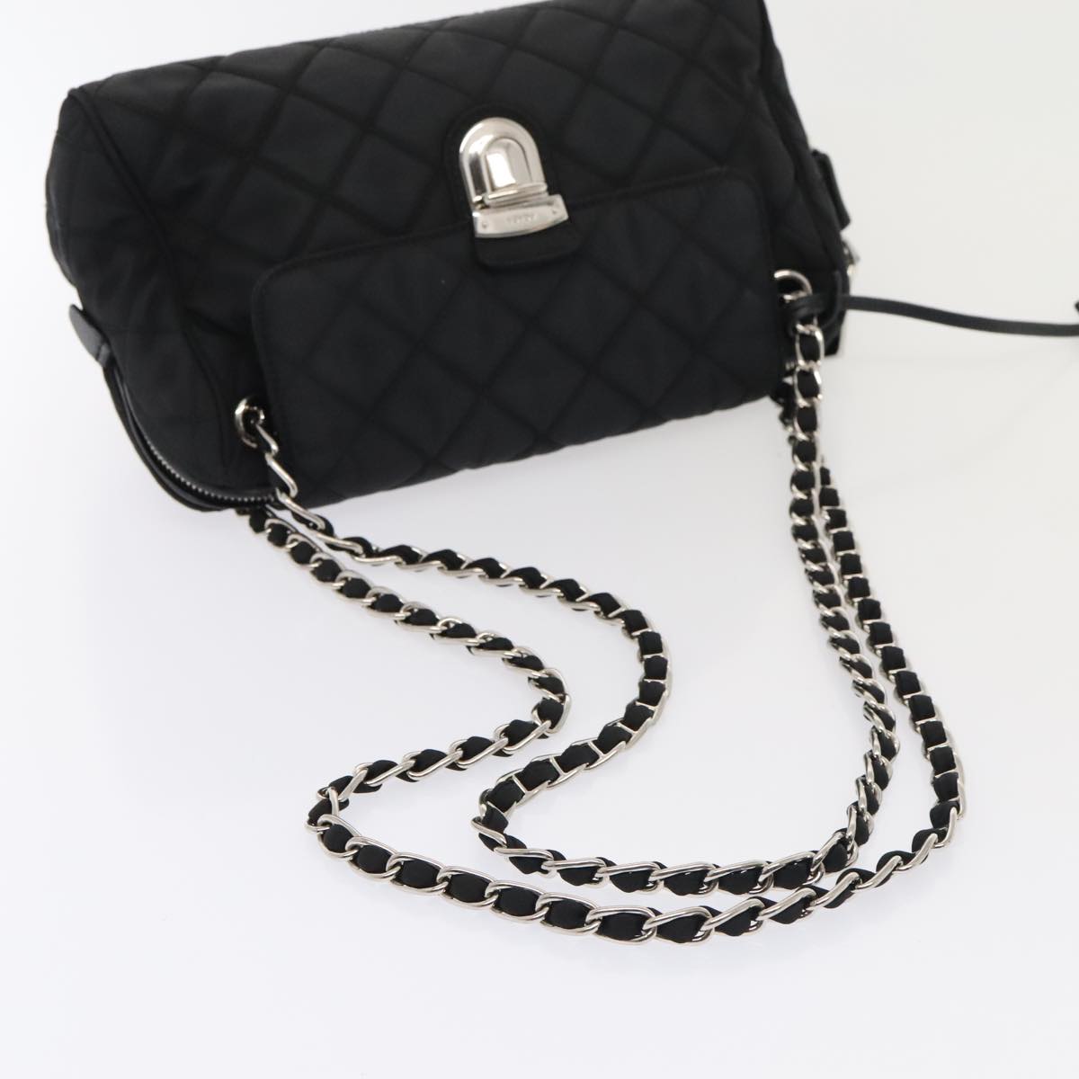 PRADA Quilted Chain Shoulder Bag Nylon Black Silver Auth 88100