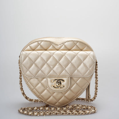 Chanel In Love Heart Bag  Champagne Gold Quilted Lambskin with Big C