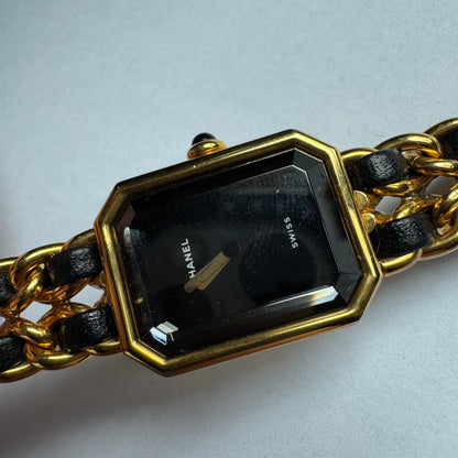 CHANEL 1987 Vintage PREMIERE Watch Black Leather and 24KT Yellow Gold Plated L Size
