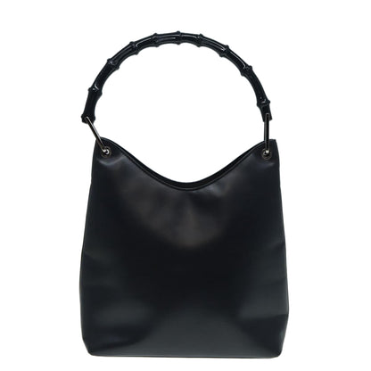 GUCCI Bamboo Shoulder Bag Leather Outlet Navy Silver Auth 88399