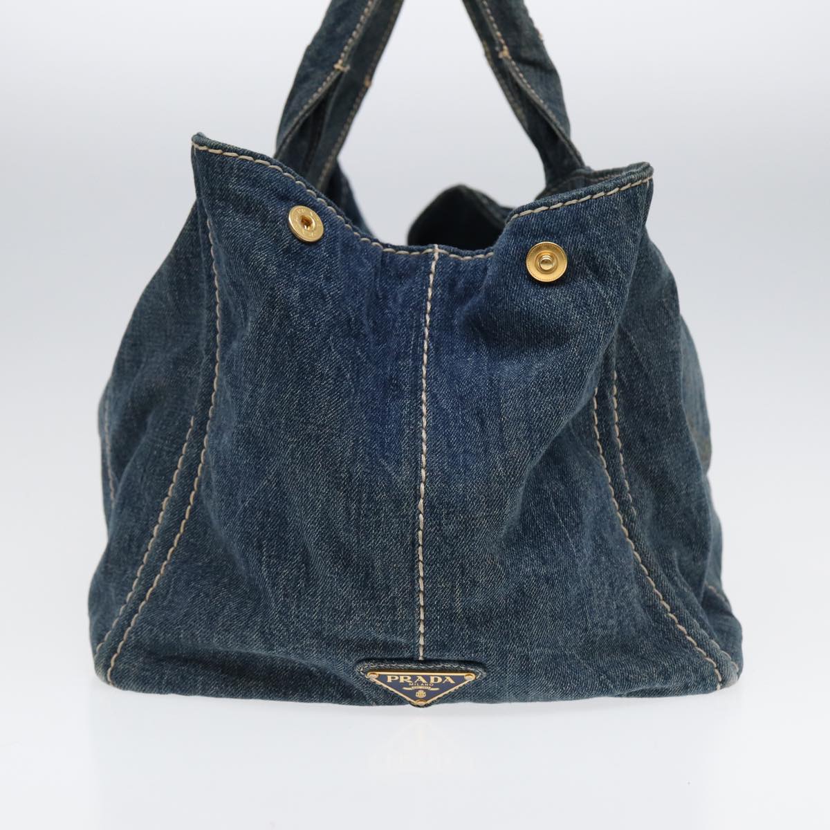 PRADA Canapa GM Hand Bag Denim Blue Gold Auth 88472