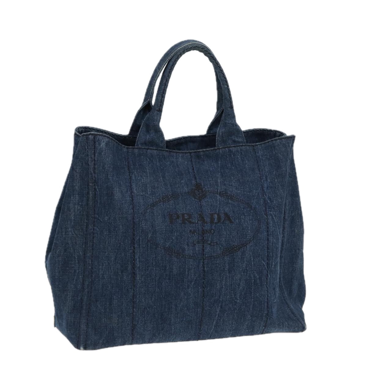 PRADA Canapa Tote Bag Denim Blue Gold Auth 88512