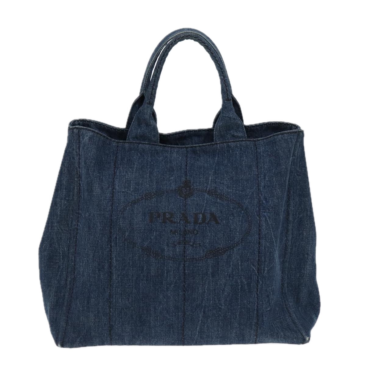 PRADA Canapa Tote Bag Denim Blue Gold Auth 88512