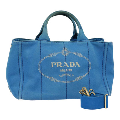 PRADA Canapa MM Hand Bag Canvas 2way Blue Gold Auth 88572