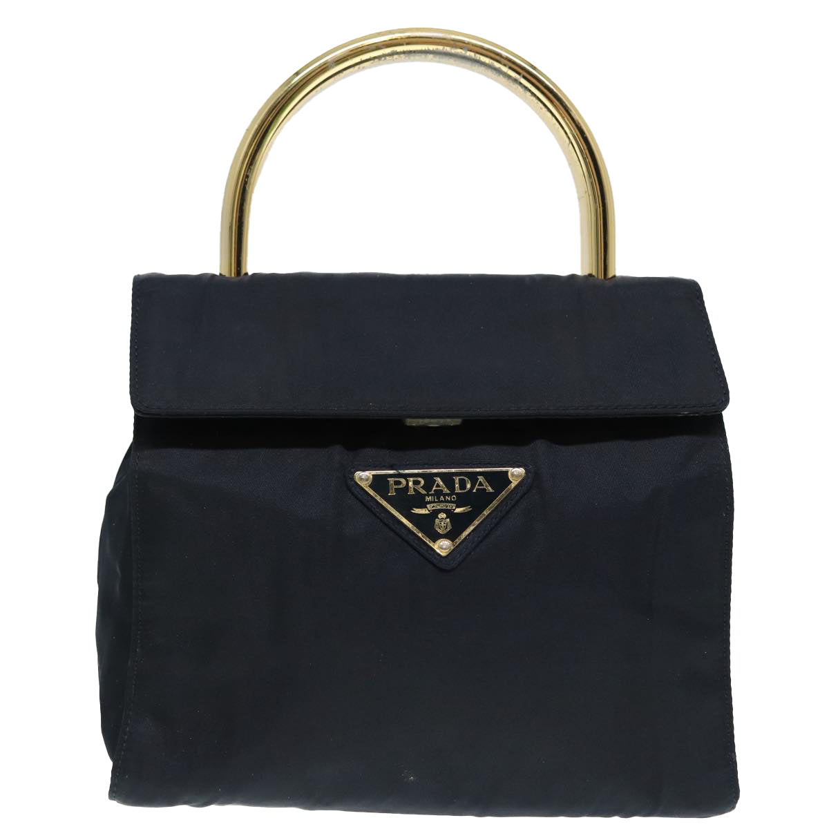 PRADA Hand Bag Nylon Navy Gold Auth 88719