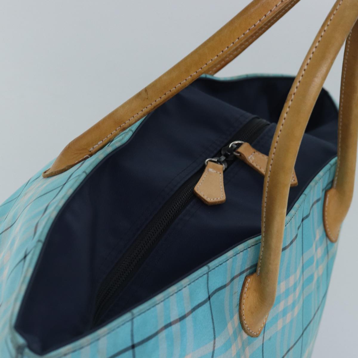 BURBERRYSs Nova Check Blue Label Tote Bag Nylon Light Blue Silver Auth 88783