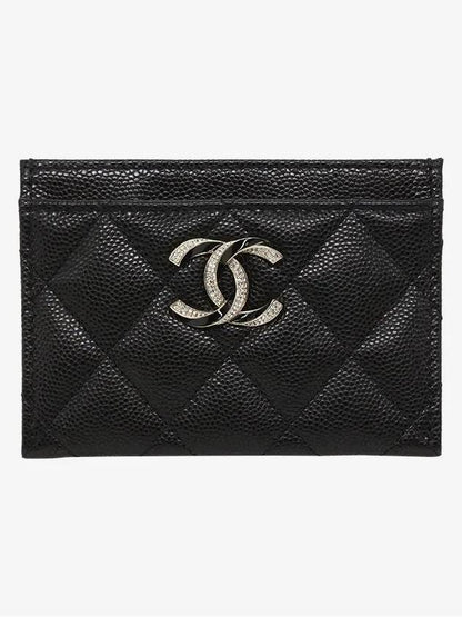 CC Logo Shiny Grained Calfskin Card Wallet Black Chanel