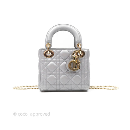 Christian Dior Mini Lady Dior Iridescent Grey Lambskin Cannage Gold Hardware