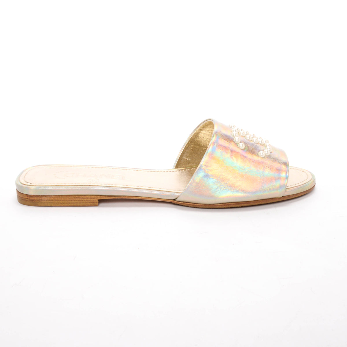 Chanel Champagne Iridescent Leather CC Pearl Slides 39