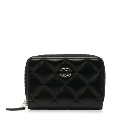 Chanel Coco Matrasse Round Fashner Coin Case Black Leather  Chanel