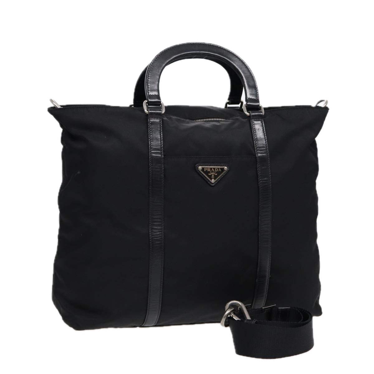 PRADA Hand Bag Nylon 2way Black Silver Auth 89129