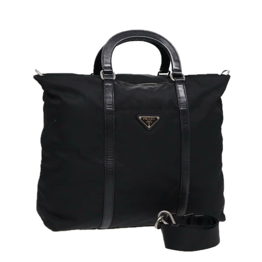 PRADA Hand Bag Nylon 2way Black Silver Auth 89129