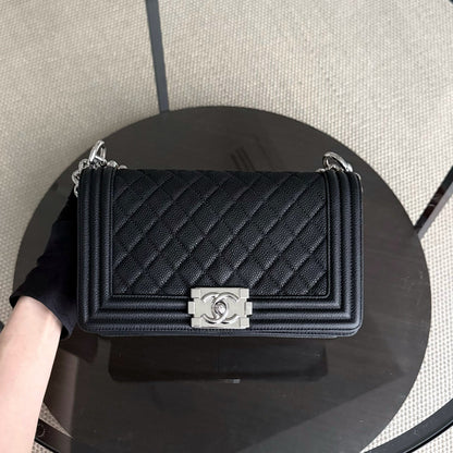 Chanel Boy Medium - 25CM Caviar Iridescent Grained Calfskin Black Silver Hardware Series 17