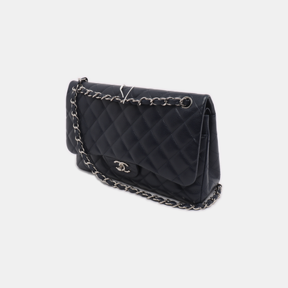 Chanel Classic Flap Jumbo Midnight Navy Caviar Leather Double Flap Silver Hardware