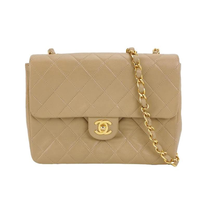 Chanel Vintage Classic Flap Mini Square Beige Lambskin 24k Gold HW, 1989-1991