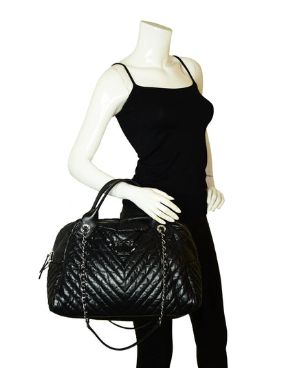 Chanel Black Aged Calfskin Leather Chevron Large Soft Bowling Bag