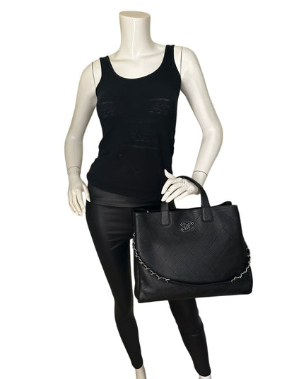 Chanel Black Caviar Leather Quilted CC Shopping Tote Bag