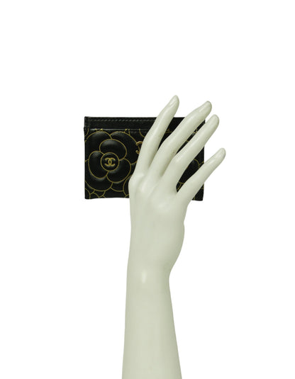 Chanel Black Goatskin Camellia Embossed Card Holder