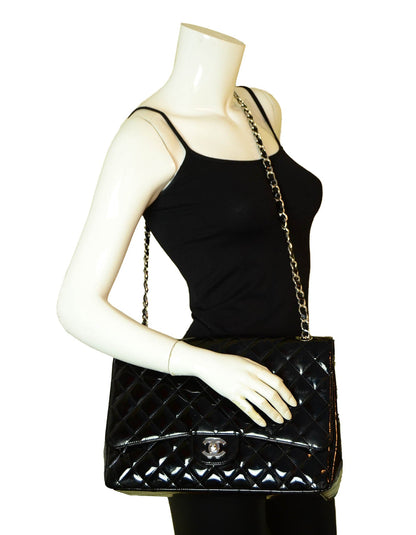 Chanel Black Patent Leather Quilted Single Flap Maxi Classic Bag