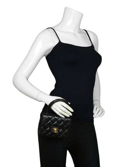 Chanel '90s Vintage Black Lambskin Leather Quilted Micro Mini Kelly Flap Bag