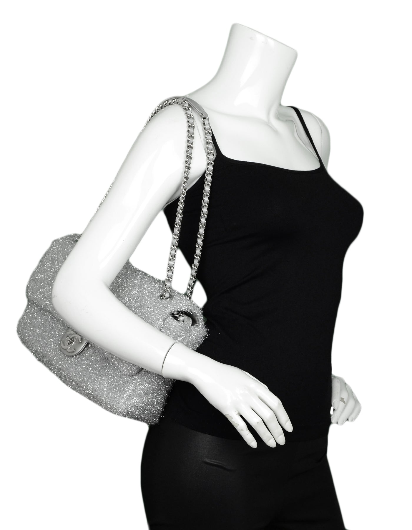 Chanel Silver Quilted Knit Pluto Glitter Large Flap Bag
