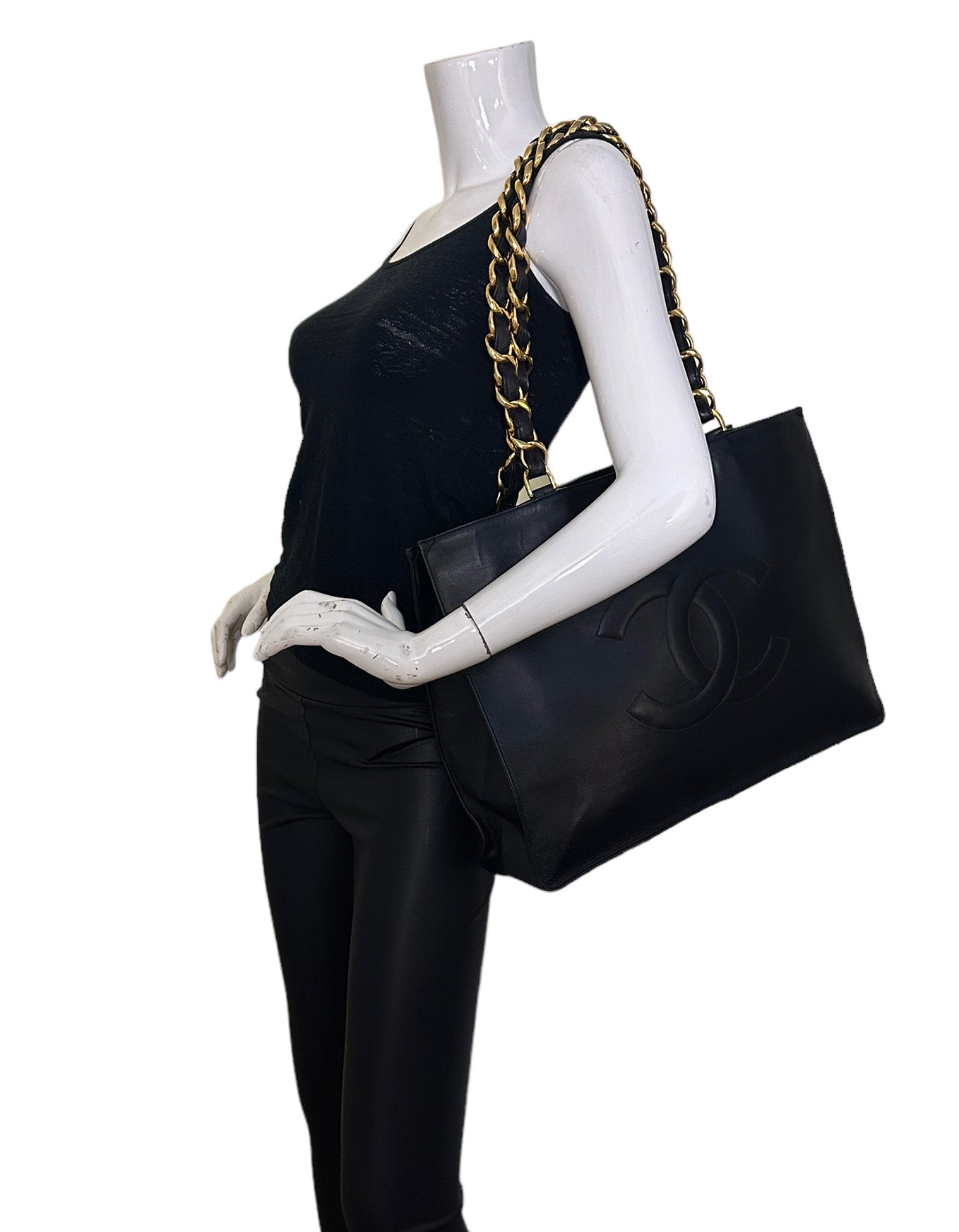Chanel Vintage Black Leather CC Logo Tote