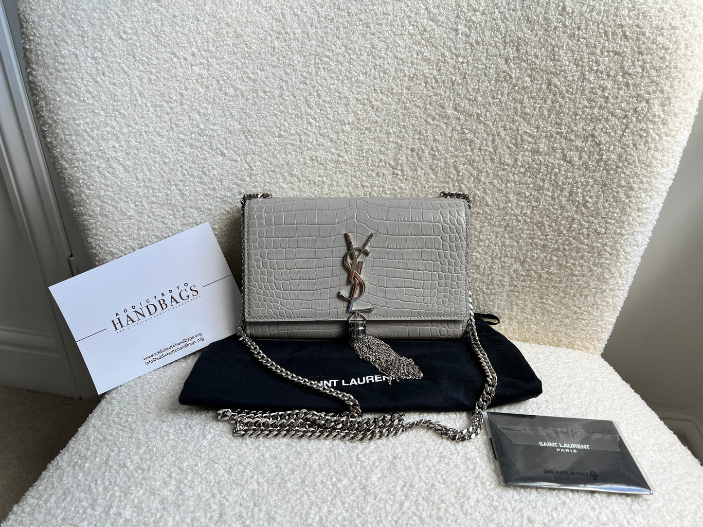 Yves Saint Laurent (YSL) Light Grey Croc Small Kate