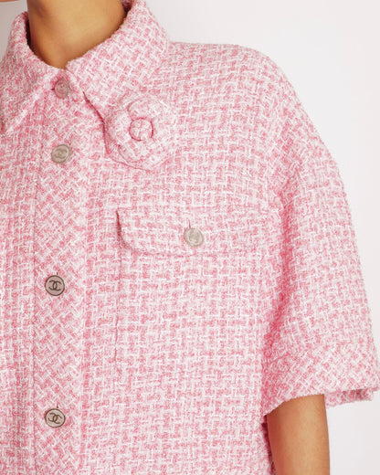 Chanel Pink Tweed Cropped Jacket with Pink Mother of Pearl and Silver CC Logo Buttons and Camellia Pin Size FR 46 (UK 18)