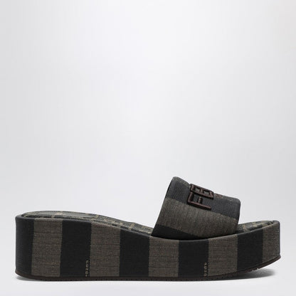 Fendi Brown Fabric Flatform Slide With Logo Women