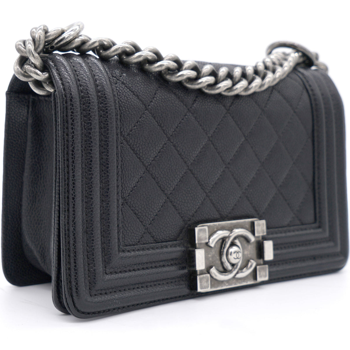 Black Quilted Caviar Leather Small Boy Flap Bag