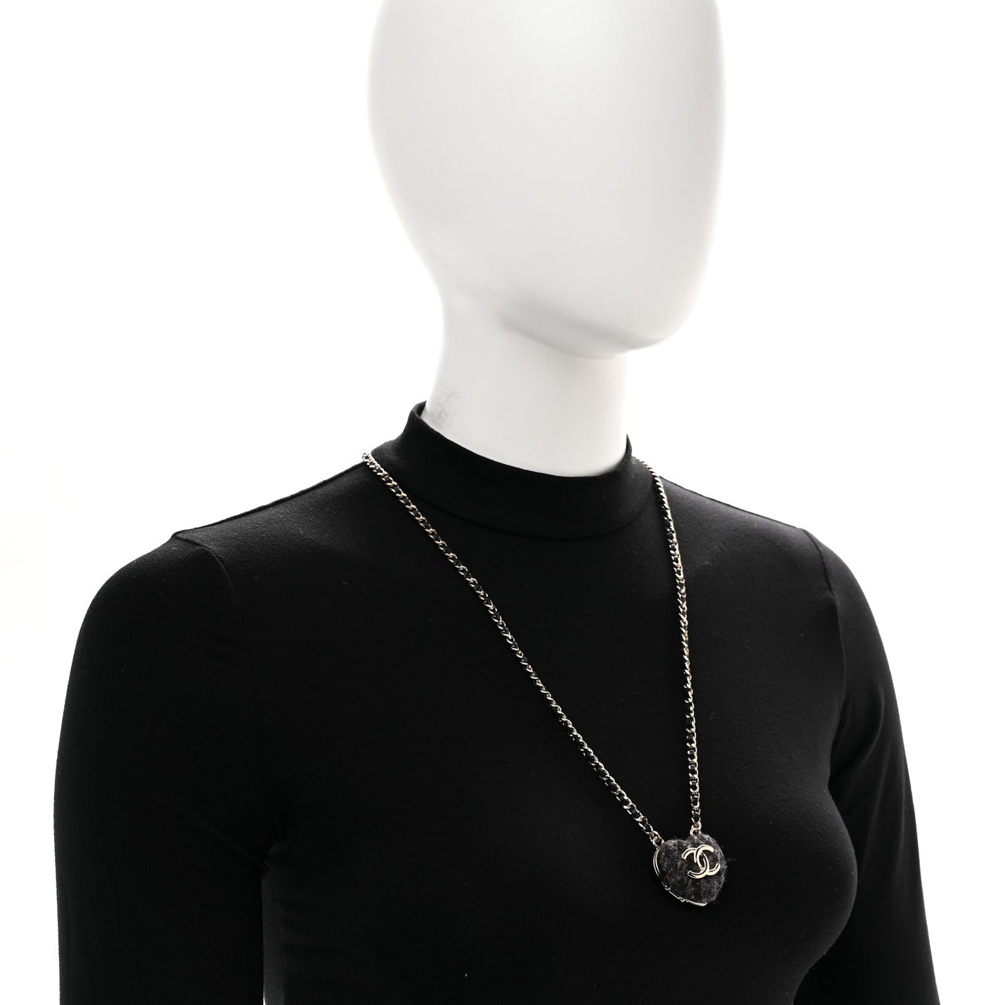 Tweed Lambskin CC Heart Locket Necklace Gold Black Beige