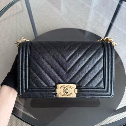 Chanel Boy Medium - Caviar 25CM Chevron Black Gold Hardware Series 26