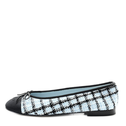 Tweed Grosgrain Cap Toe Ballerina Flats 39.5 Light Blue Black