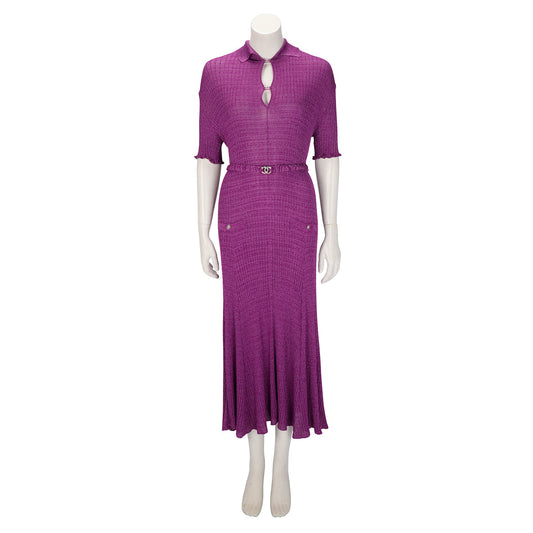 Chanel Purple Ribbed Lurex Collared Midi Dress FR 48