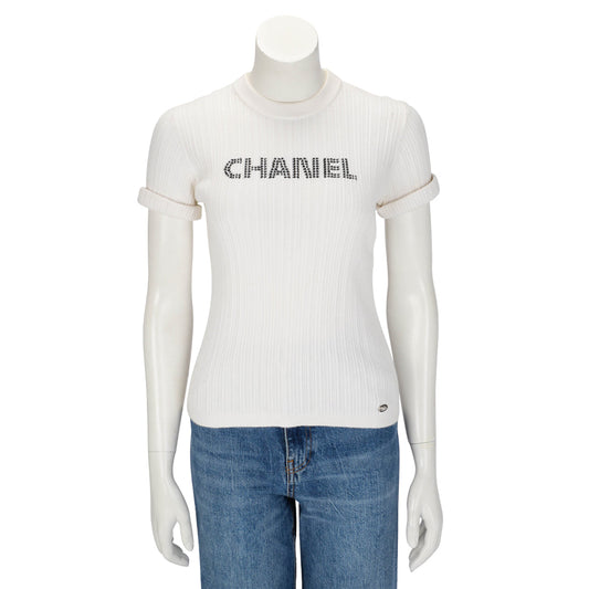 Chanel White Ribbed Cotton Logo Knit Top