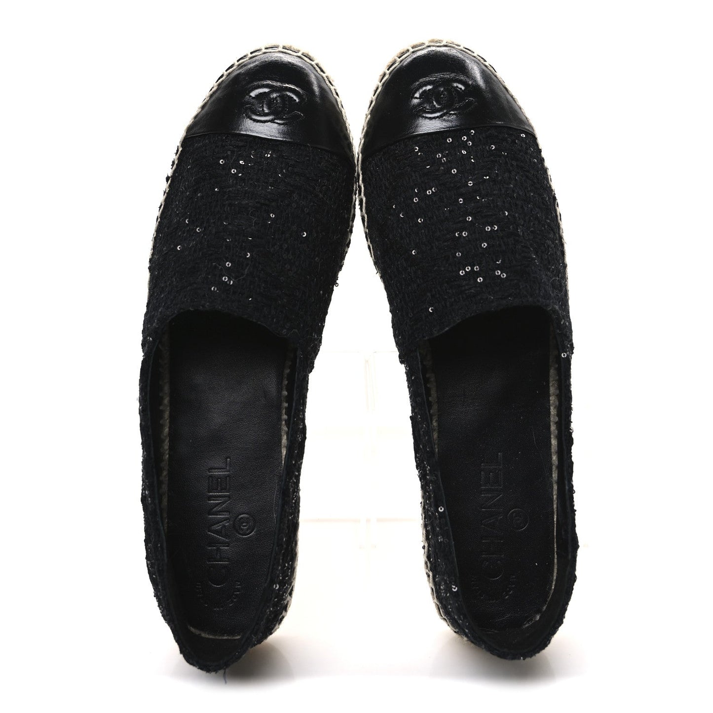 Tweed Patent Goatskin Sequin CC Espadrilles 41 Black