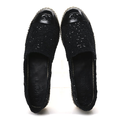 Tweed Patent Goatskin Sequin CC Espadrilles 41 Black